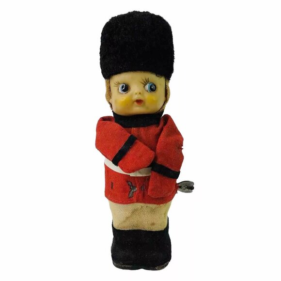 Vintage Key Wind Tow Royal England Soldier Doll Rubber Face Christmas Toy READ! - Picture 1 of 5